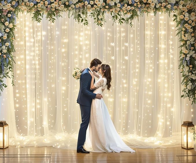 Ivory Tulle Backdrop Curtains with Lights String for Parites Wedding 20×10ft Ivory Sheer Backdrop Curtains for Baby Shower Birthday Party Photo Shoot Background Decorations(4 Panels 5ft×10ft)