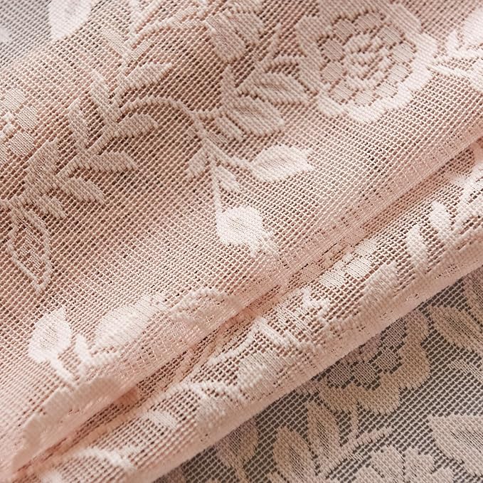 Short Blush Lace Curtains Rustic Leaf Floral W42 x L45 Inch 2 Panels | Rod - Image 8