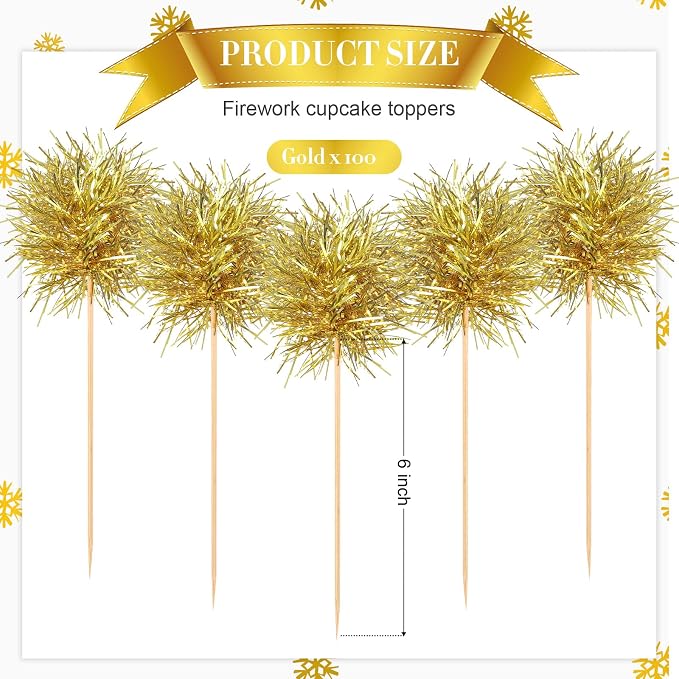 Chinco 100 Pcs Foil Firework Cupcake Toppers Gold Sparkle Tinsel Cake Toppers - Image 2