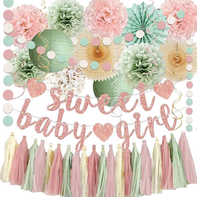 Sage Green and Blush Pink Baby Shower Decorations by IHEPYQ