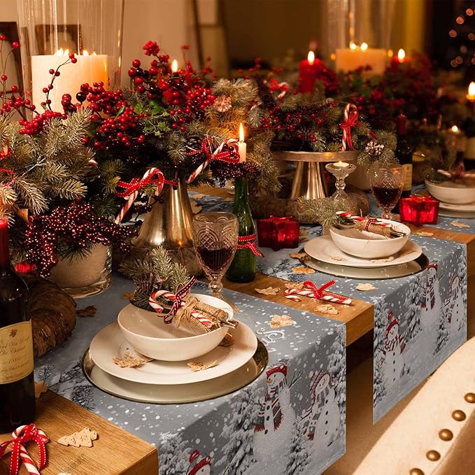 Christmas Snowman Cotton Linen Table Runner for Dining Kitchen, Snowflakes Xmas Pine Tree Wedding Outdoor Party Tablerunner Decoration Winter Bird Dresser Scarf Coffee Tablecloth Runners 13x70 Inches
