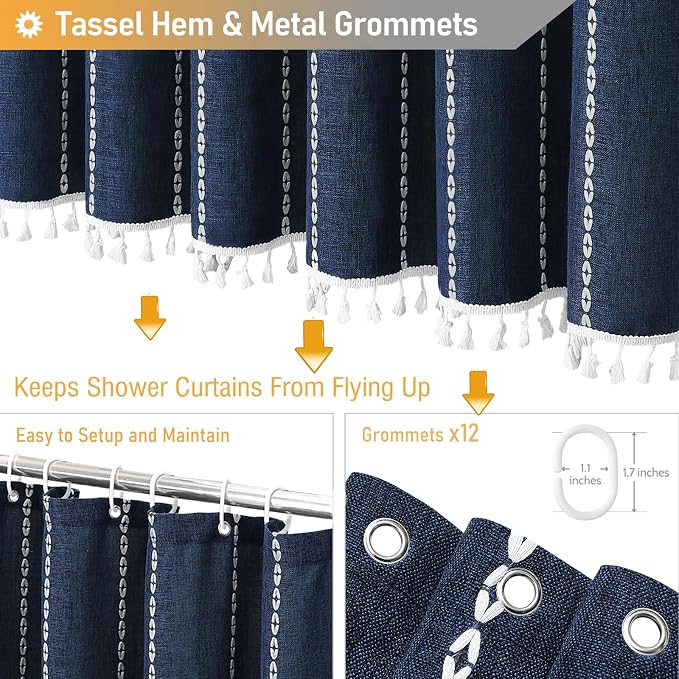 72x96 Extra Long Boho Linen Heavy Duty Shower Curtain Set, 330GSM Linen Blend - Image 5