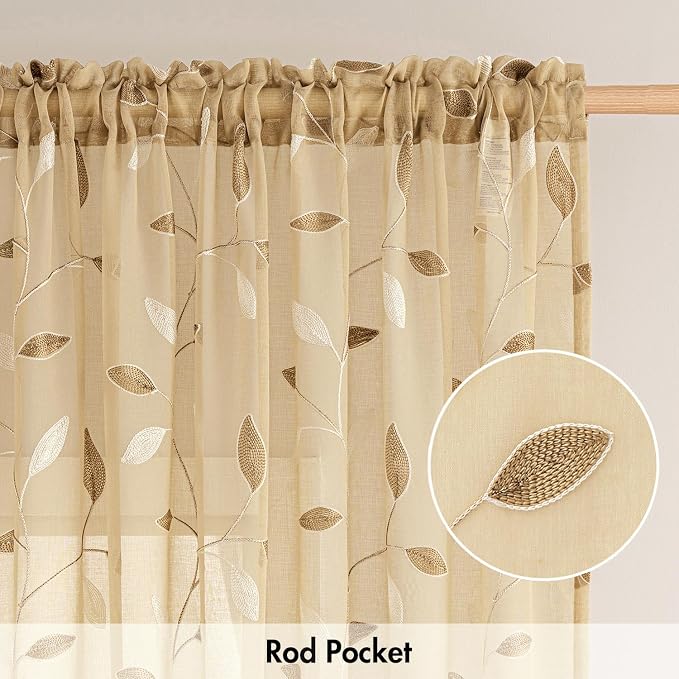 MIULEE Khaki Sheer Curtains 2 Panels Embroidered Leaf Patterned, W52 x L63 | - Image 6