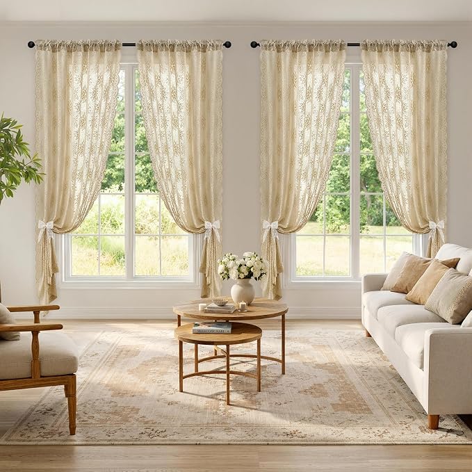MIULEE Vintage Floral Scalloped Lace Curtains 2 Panels, Short Semi Sheer - Image 2