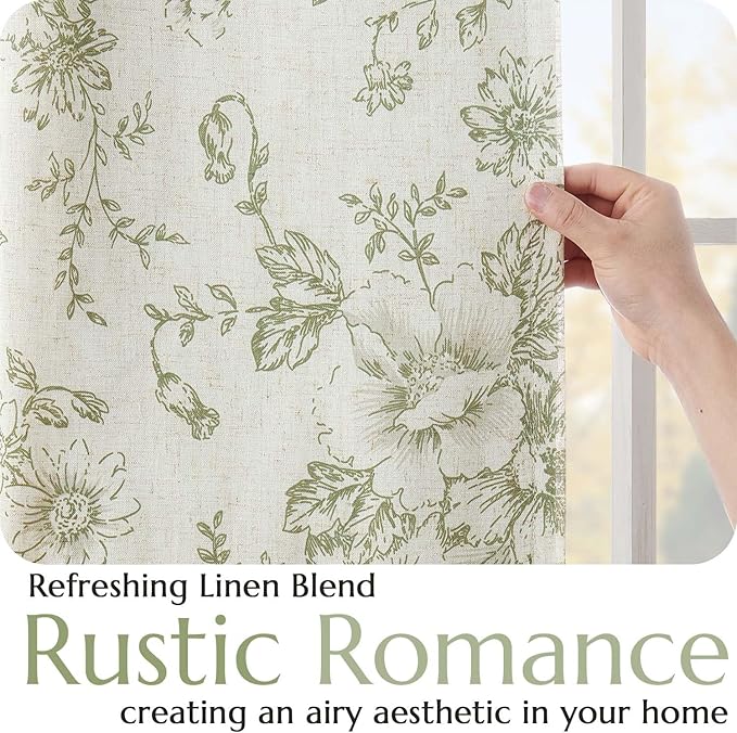 jinchan Green Floral Linen Blackout Curtains 96 Inch Back Tab 2 Panels | - Image 4