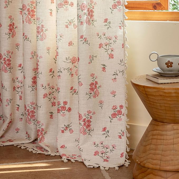 ENJOYBRIDAL Pink Floral Curtains 84 Inches Long 2 Panels Boho Tassel Drapes - Image 6