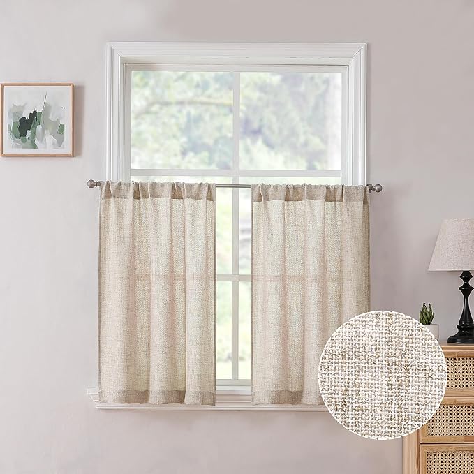 Tollpiz Linen Tier Curtains Rod Pocket Semi Sheer Short Kitchen Curtain Half by Tollpiz