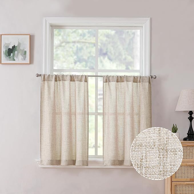 Tollpiz Short Linen Tier Curtains Rod Pocket Semi Sheer Half Kitchen Curtain by Tollpiz