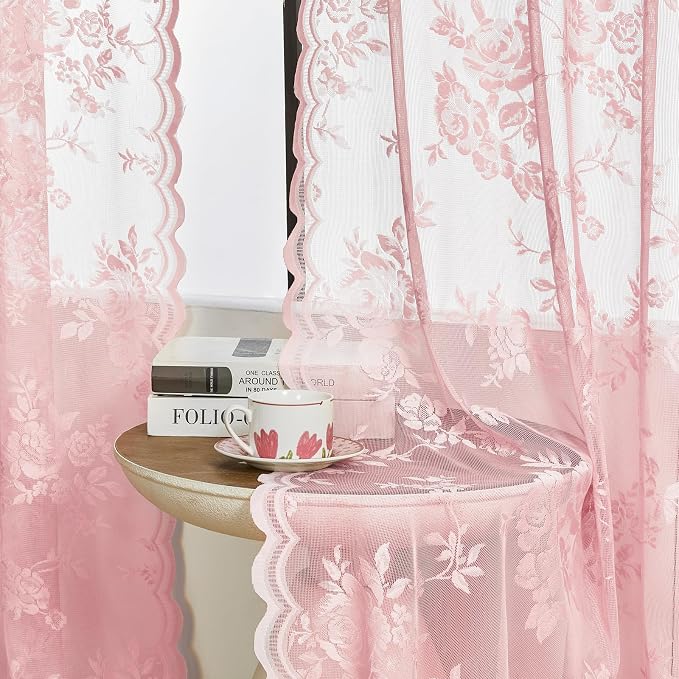 Baby Pink Lace Curtains 72 Inch Length 2 Panels Set - Image 3