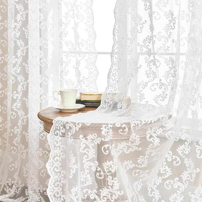 White Lace Curtains 108 Inches Long 2 Panels Paisley Floral Curtains - Image 2