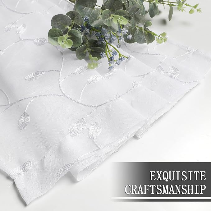 Tollpiz Leaves Short Sheer Curtain White Leaf Embroidery Bedroom Curtains Rod - Image 7