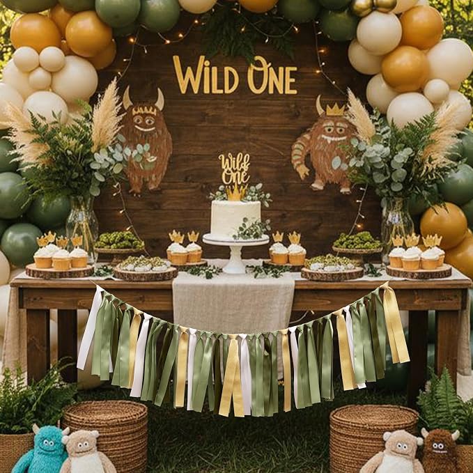 Sage Green and Gold Ribbon Tassel Garland Banner | Wild One Birthday Party - Image 4