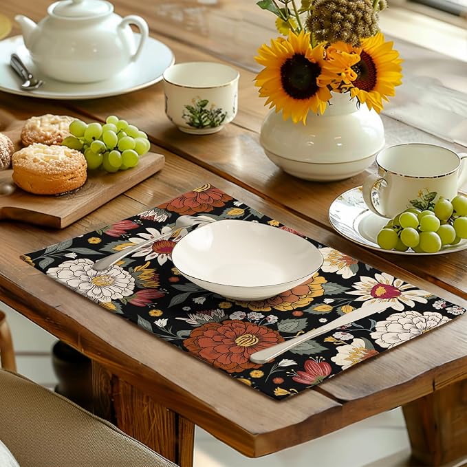 Black Boho Floral Placemats Set of 4 Spring Summer Vintage Flowers Botanical - Image 6