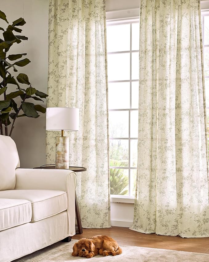 jinchan Green Floral Linen Curtains 96 Inch Farmhouse Back Tab 2 Panels | - Image 6