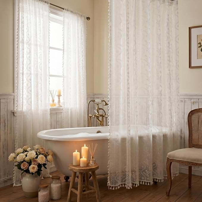 WAZZIO Boho Lace Curtains 2 Panels 72 Inches -Cute Vintage Victorian Sheer - Image 7