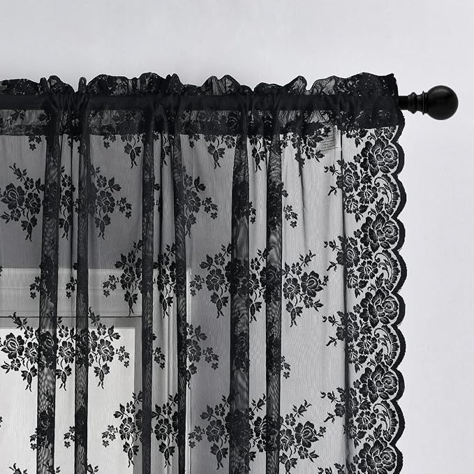 Kotile Black Floral Lace Curtains - Image 4