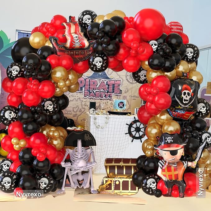 142Pcs Pirate Birthday Party Decorations Balloon Garland Arch Kit | Red Black - Image 5