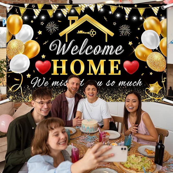 AIBIIN 8x6ft Welcome Home Banner Decorations Black Gold Welcome Home Backdrop - Image 5