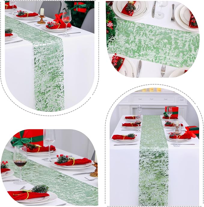 Snowkingdom Sage Green Table Runner, Sequin Glitter Foil Metallic Sage Green - Image 6