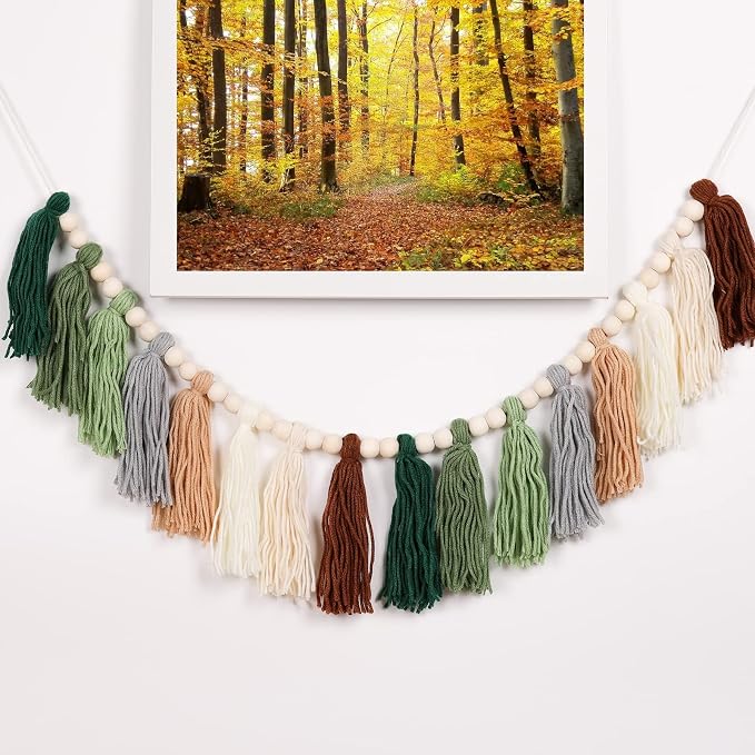 Green Tassel Garland with Wood Bead Jungle Leaves Garland Banner - Image 3