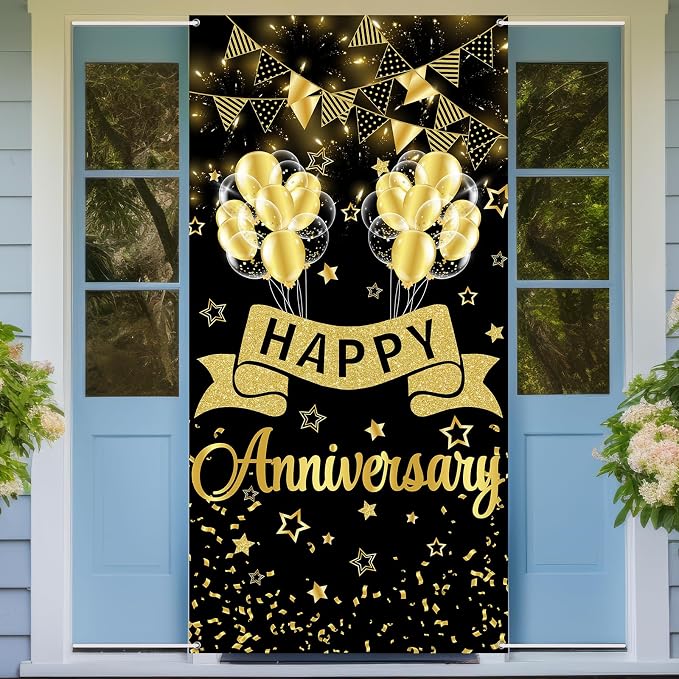 Happy Anniversary Door Banner Wedding Decorations Door Cover Black Gold by JIFORUI