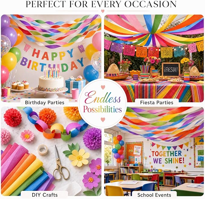8 Crepe Paper Streamers, 656ft Pack of Rainbow Streamers Party Decorations | - Image 5