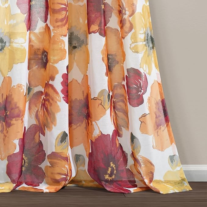 Lush Decor Leah Floral Sheer Window Curtain Panels Pair 52"W x 84"L Red & Orange - Image 2