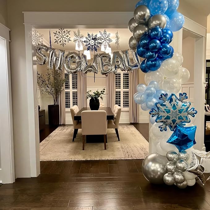 Winter Snowflake Balloons, 12 Pearl Light Baby Blue Silver Latex Balloons - Image 5