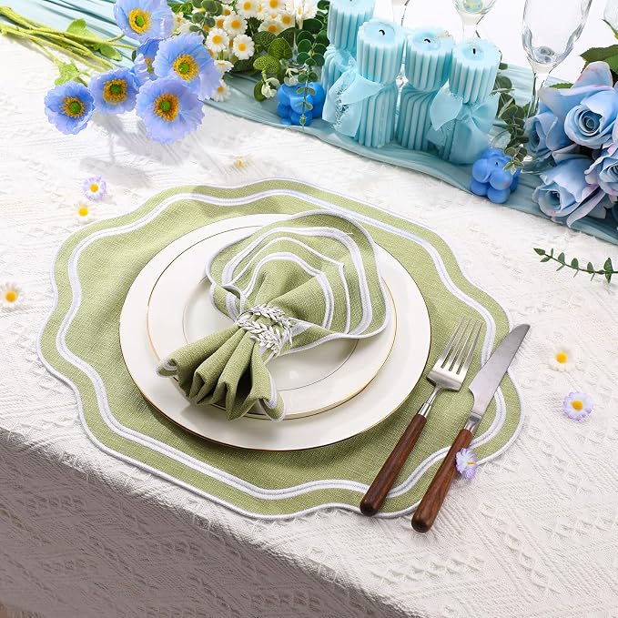6 Pcs Sage Green Wedding Placemats Scalloped Embroidered Cotton Linen Placemats - Image 7