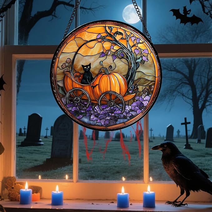 Stained Glass Window Hanging - Halloween Pumpkin Carriage Black Cat Suncatcher for Doors Window Garden Spooky Sun Catchers Gothic Decor Horror Gifts for Women Men Friend Boy Girl 9.8 in