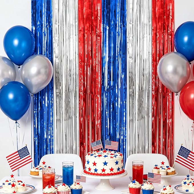 jijAcraft Red White Blue Tinsel Foil Fringe Curtain, 2 Pack 3.2x6.5 Feet - Image 7