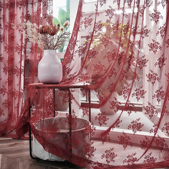 Kotile Burgundy Floral Sheer Curtains - Image 5