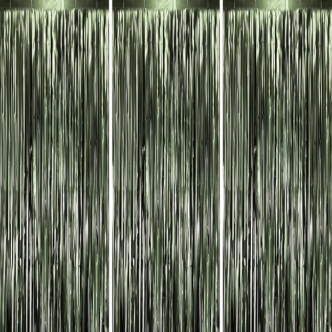 Voircoloria Dark Green Foil Fringe Backdrop Curtains, 3 Pack | Tinsel Streamers by Voircoloria