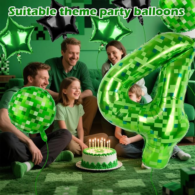 40 Inch Green Pixel Themed Number 4 Balloon Set Foil Balloon - Image 3