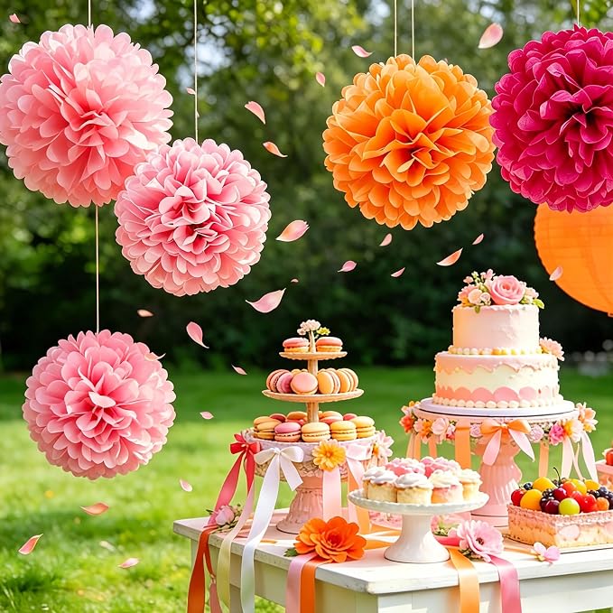 AimtoHome Pink Orange Tissue Paper Flower Pom Poms12pack Hanging Paper Pom Pom - Image 2