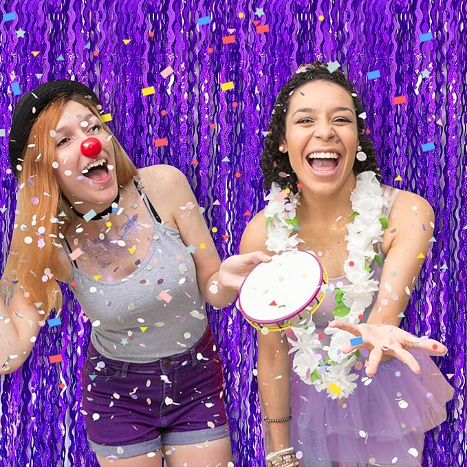 2 Pack Purple Backdrop Tinsel Foil Fringe Curtains Sparkle Metallic Wavy Foil - Image 6