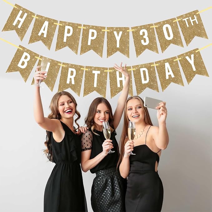 Netnology Pre-Strung Gold Glitter 30th Happy Birthday Banner Decorations | 12 - Image 7