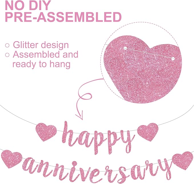 BEISHIDA Glitter Pre-Strung Pink Happy Anniversary Banner Decoration | NO DIY - Image 2