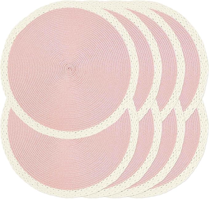 Round Placemats Set of 8, Woven Table Mats, Mint Pink | Braided Paper Edge by Noctiflorous