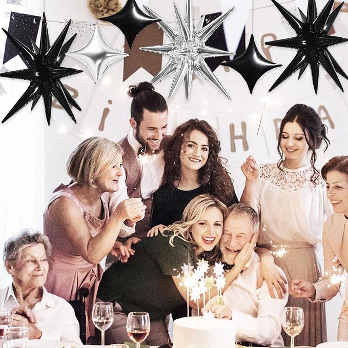 TONIFUL 18Pcs 22Inch Black Silver Large Explosion Star Mylar Balloons and - Image 3