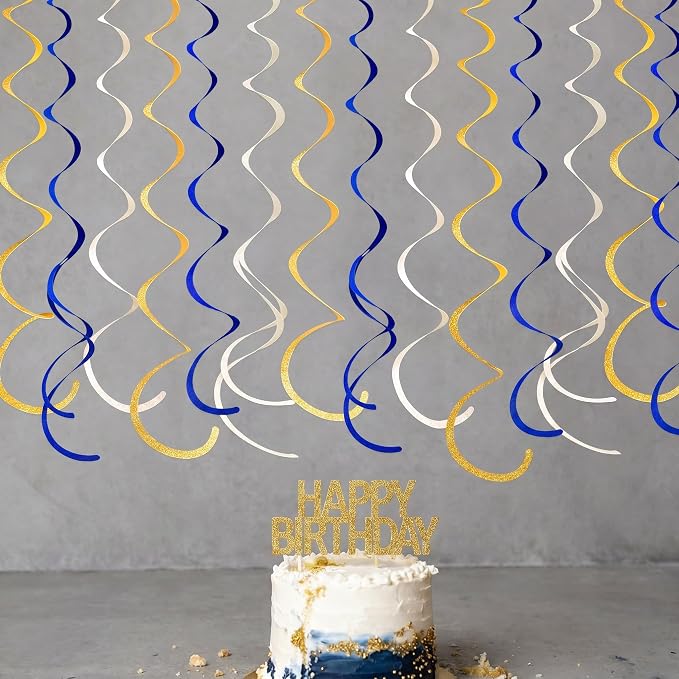 36 Pcs Blue Gold Hanging Swirl Decorations Royal Blue Glitter Gold Beige Felt - Image 7