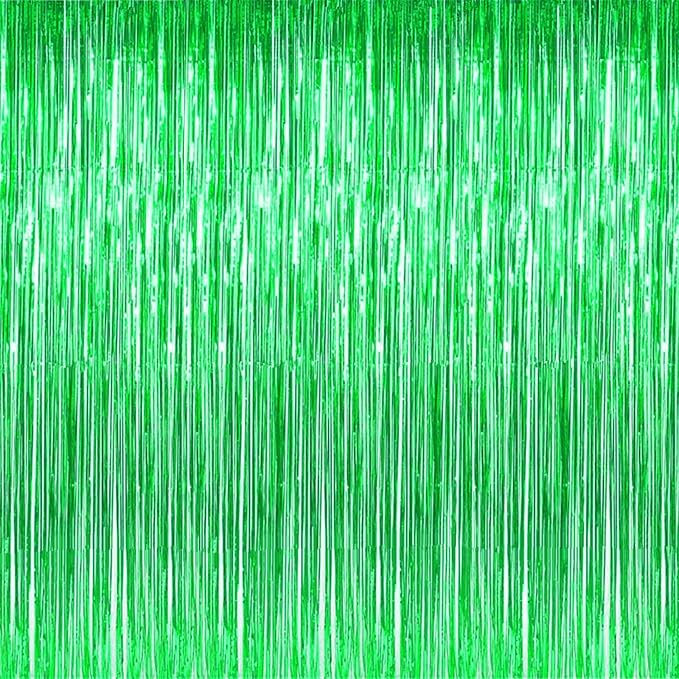 2 Pcs Green Metallic Tinsel Foil Fringe Curtains, 3.2ft x 8.2ft Photo Booth by i-CHONY