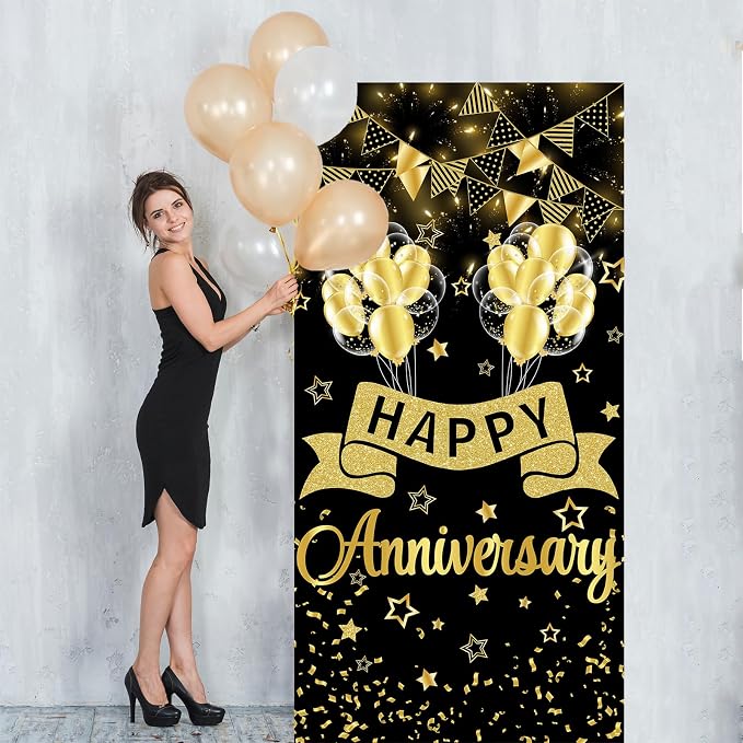 Happy Anniversary Door Banner Wedding Decorations Door Cover Black Gold - Image 7