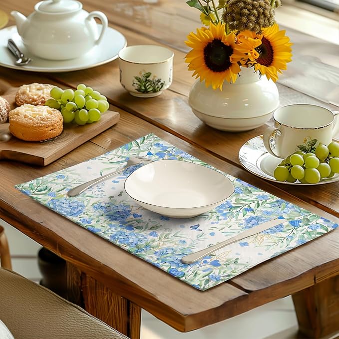 Hydrangea Spring Summer Placemats Set of 4 Sage Green Eucalyptus Leaves Blue - Image 6