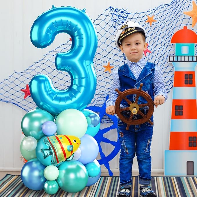 Blue Number 3 Balloon 40 Inch Ocean Under the Sea Number Three Foil Balloons - Image 3