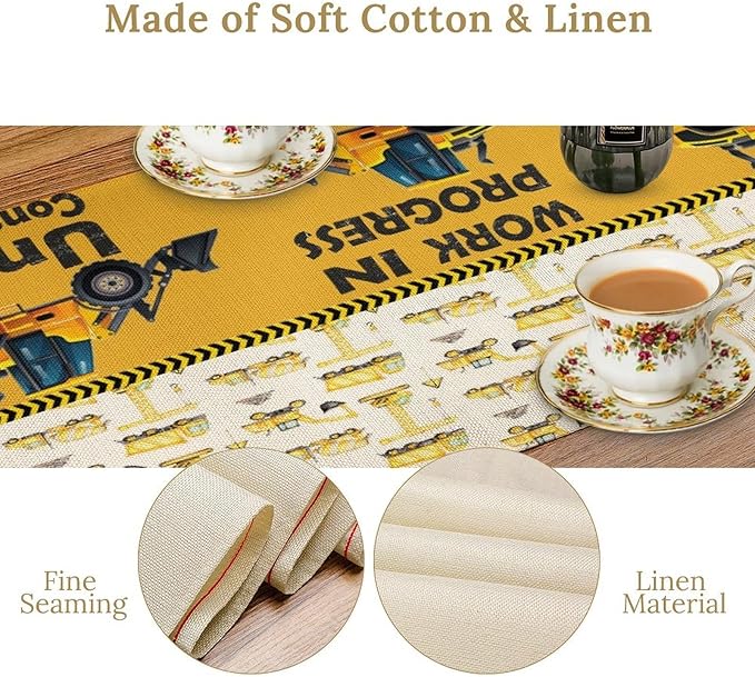Cartoon Car Table Runner,Boys Kids Construction Vehicles Truck Yellow Print Tablecloth Burlap for Hotel Indoors Outdoor Dining Room Kitchen Home Decor,W13X L90 in
