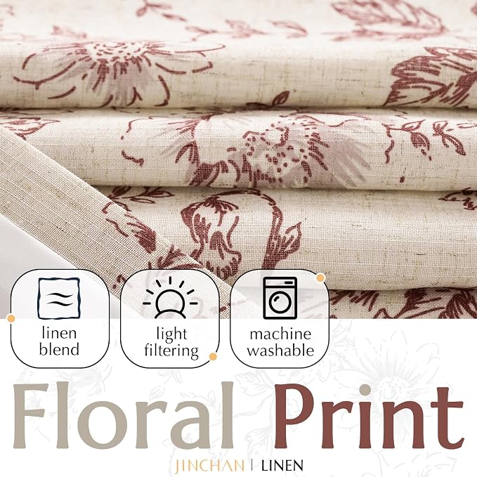 jinchan Red Floral Linen Curtains Lined 63 Inch Farmhouse Back Tab 2 Panels | - Image 2