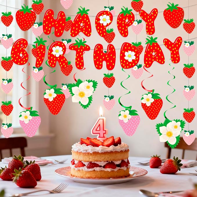 MEETINGU Strawberry Happy Birthday Banner Set, Strawberry Themed Birthday Party - Image 4