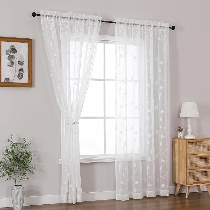 White Sheer Curtains Decorative Embroidered Leaf 63 Inches Long | Light - Image 2