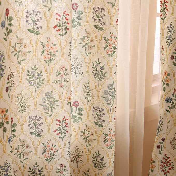 Designer Vintage Linen Printed Curtain, 2 Panels, Colorful Floral Pattern Decor by Isaennehomedecoration